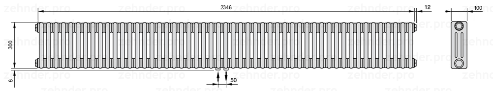 Схема (чертеж) Радиатор Zehnder Charleston 3030/51 №3470 Белый глянцевый RAL 9016